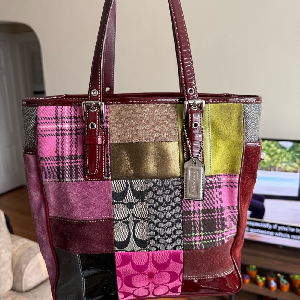 ** SOLD **Coach Fall Patchwork Tote Bag in Pink, Red, and Green